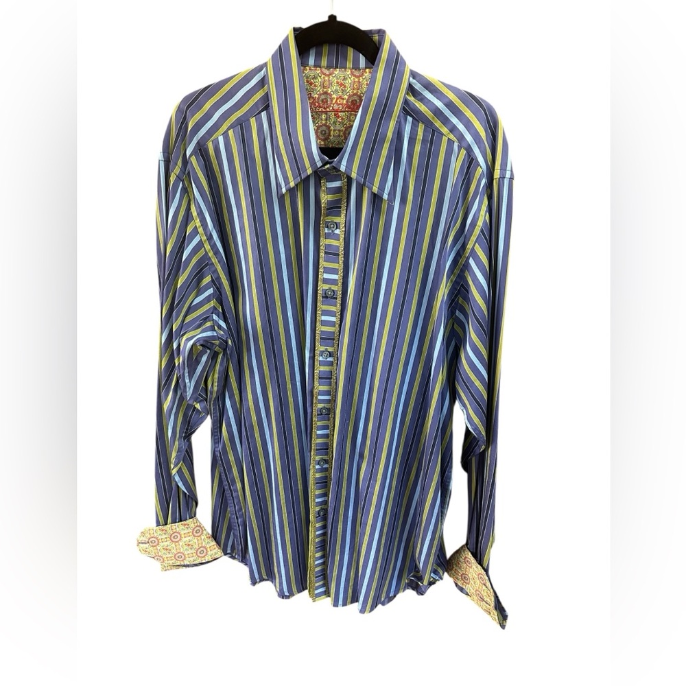 Robert Graham Striped Dress Shirt Purple, Blue Olive Stripes Flip Cuffs Size 2XL